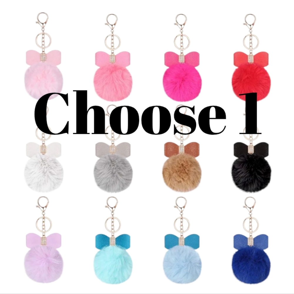 New! Choice of 1 Pom Pom Keychain Bagcharm with Faux Leather Bow
